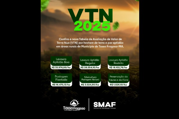 TABELA DE VTN 2025 DO MUNICÍPIO DE TASSO FRAGOSO-MA